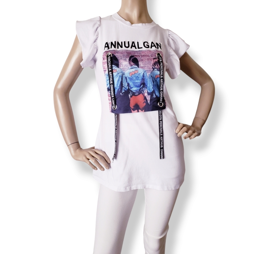 White Graphic Print Ribbon Tee with Ruffle Flutter Sleeves - Picture 3 of 8